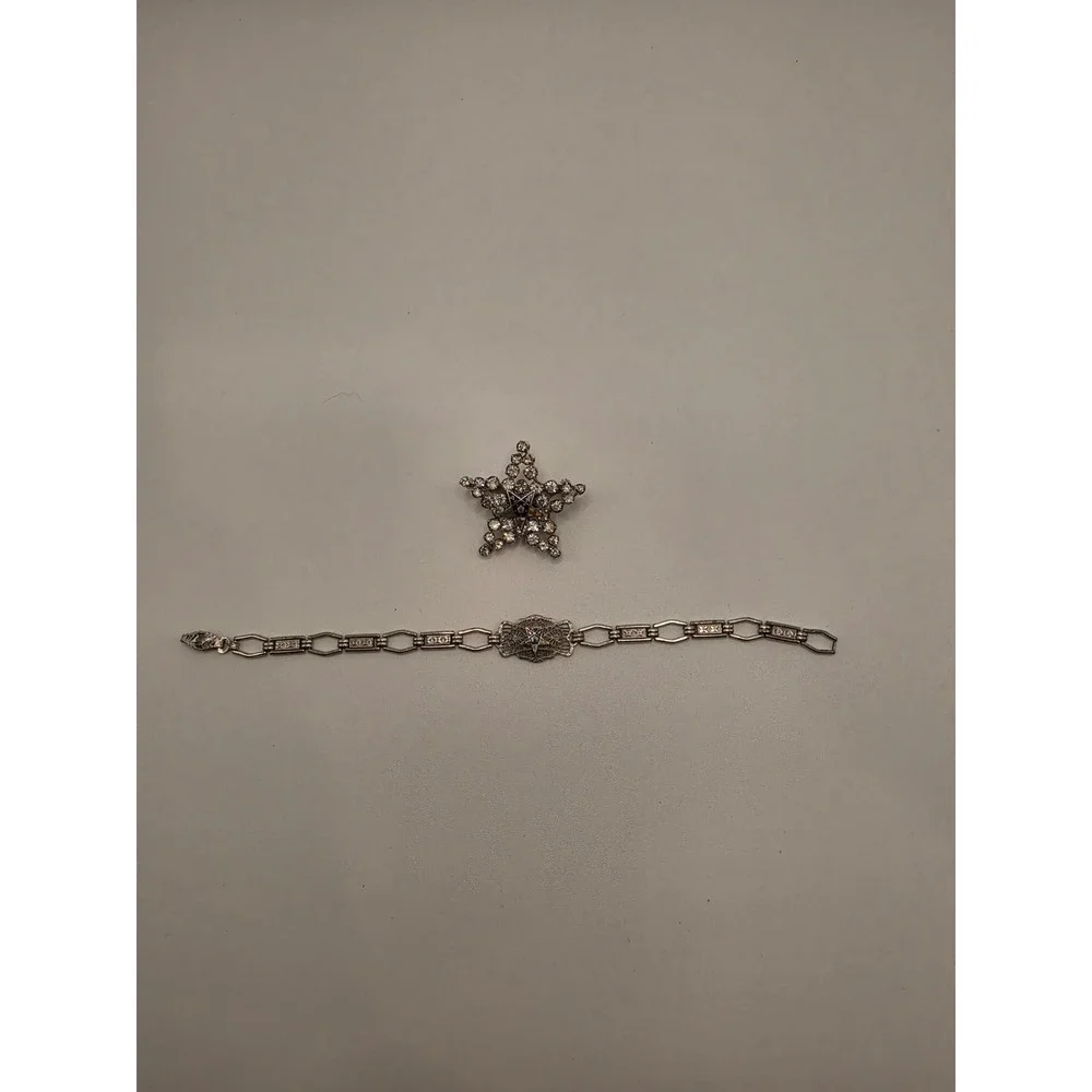 Vintage Order of the Eastern Star OES Rhinestone Star Brooch & Filigree Bracelet